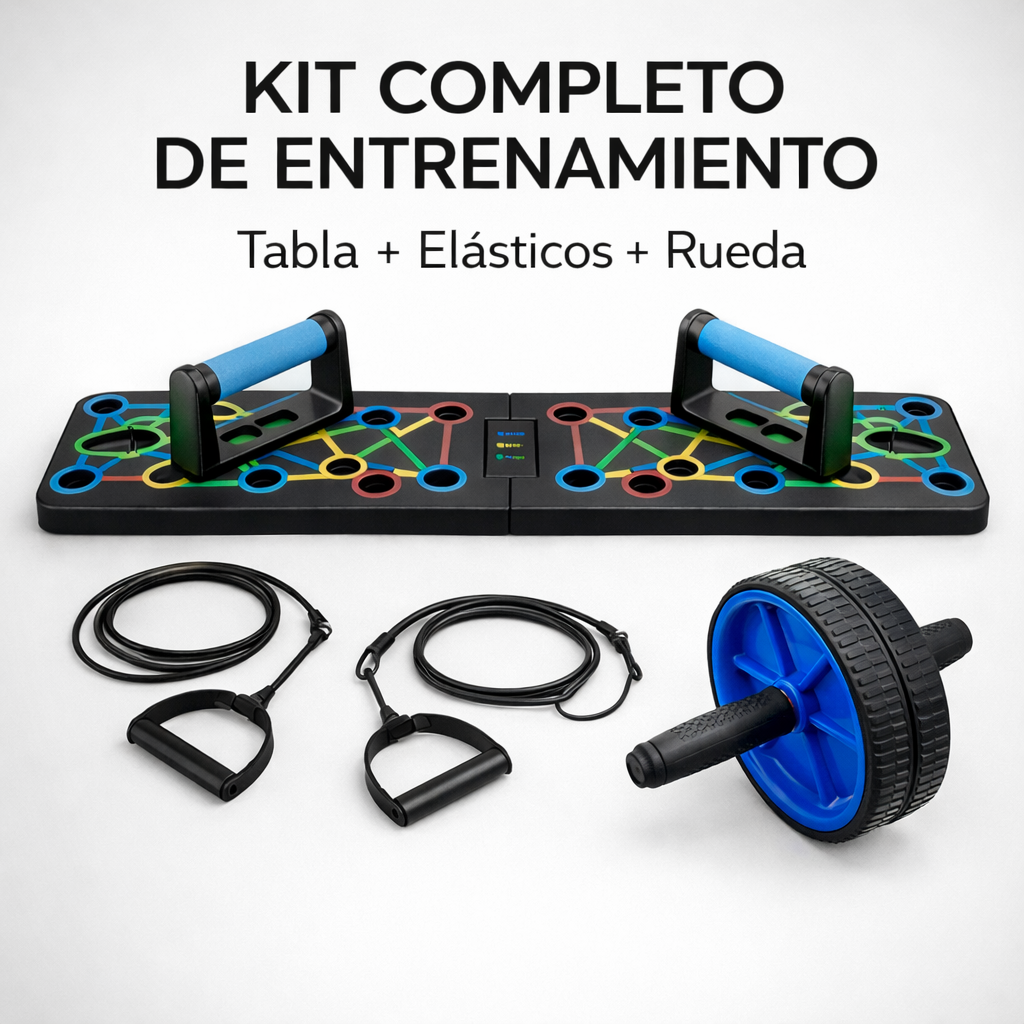 TABLA PUSHUPS CON ELASTICOS + RUEDA
